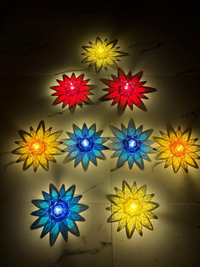 Lotus Reflection Diyas, Pack of 12: Colourful Flower Light Patterns