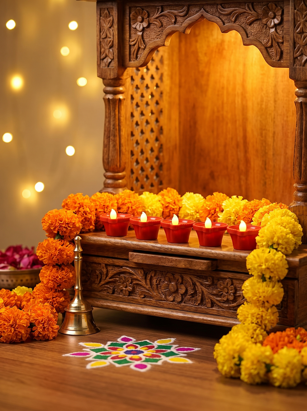 Jyoti LED diyas on a Diwali mandir