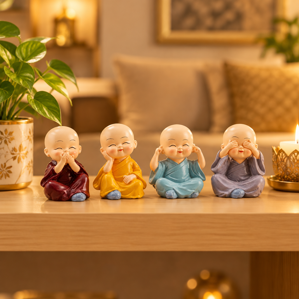 Set of 4 laughing Buddha monk figurines on a shelf