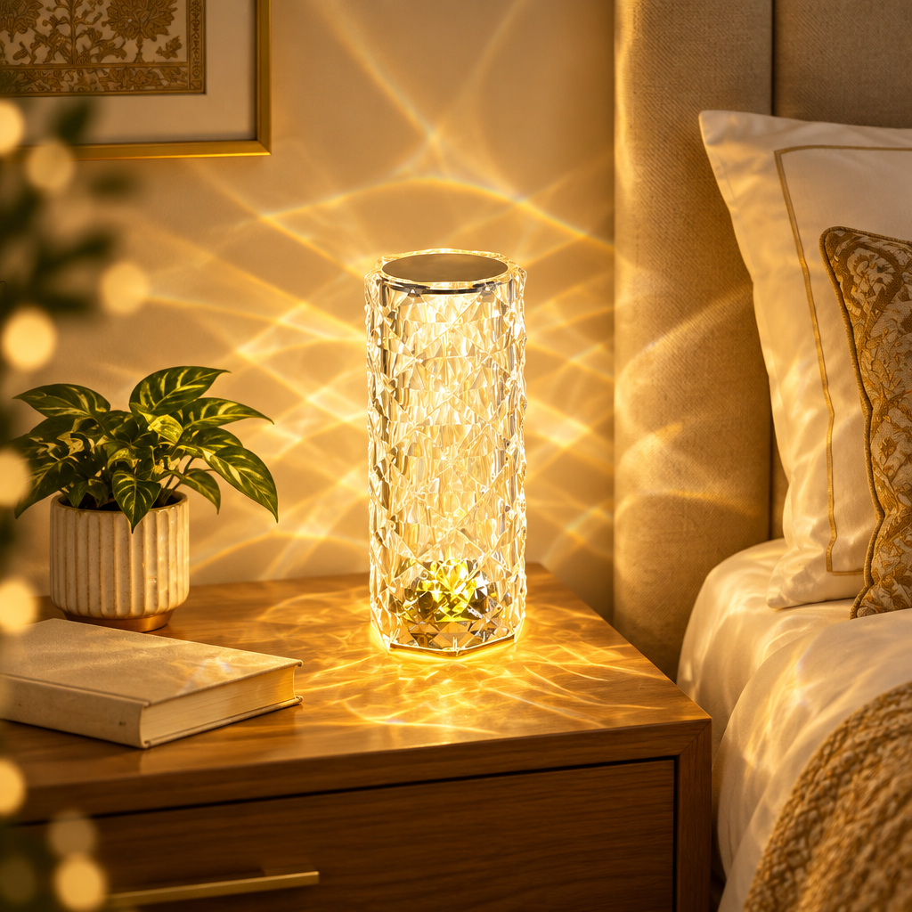 Crystal rose diamond touch lamp glowing on a bedside table