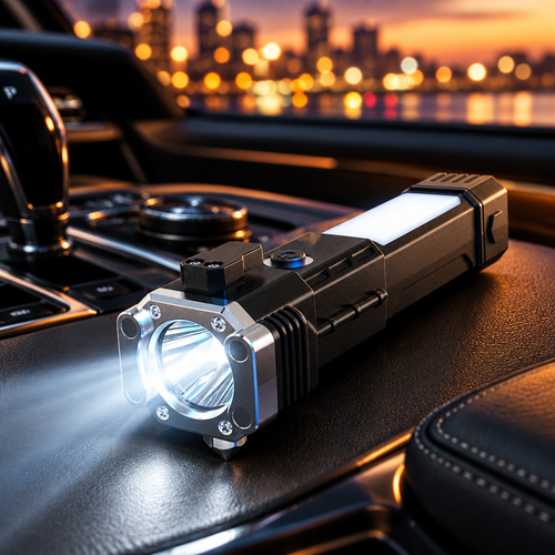 8-in-1 car safety hammer torch in a car at dusk