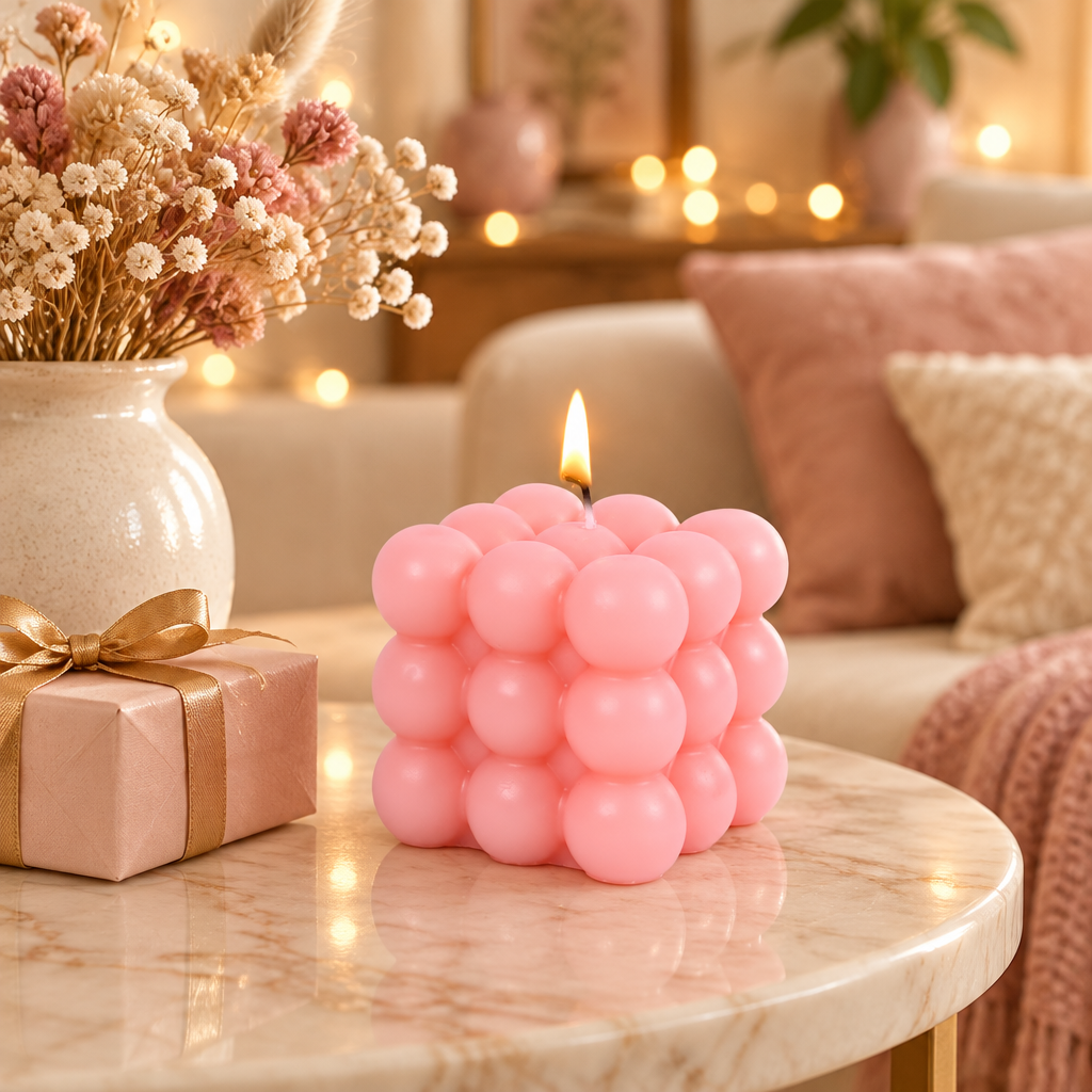 Pink handmade bubble cube candle on a marble table