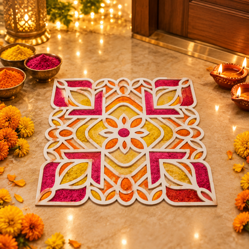 Alankar wooden rangoli stencil filled with colour at a Diwali doorway