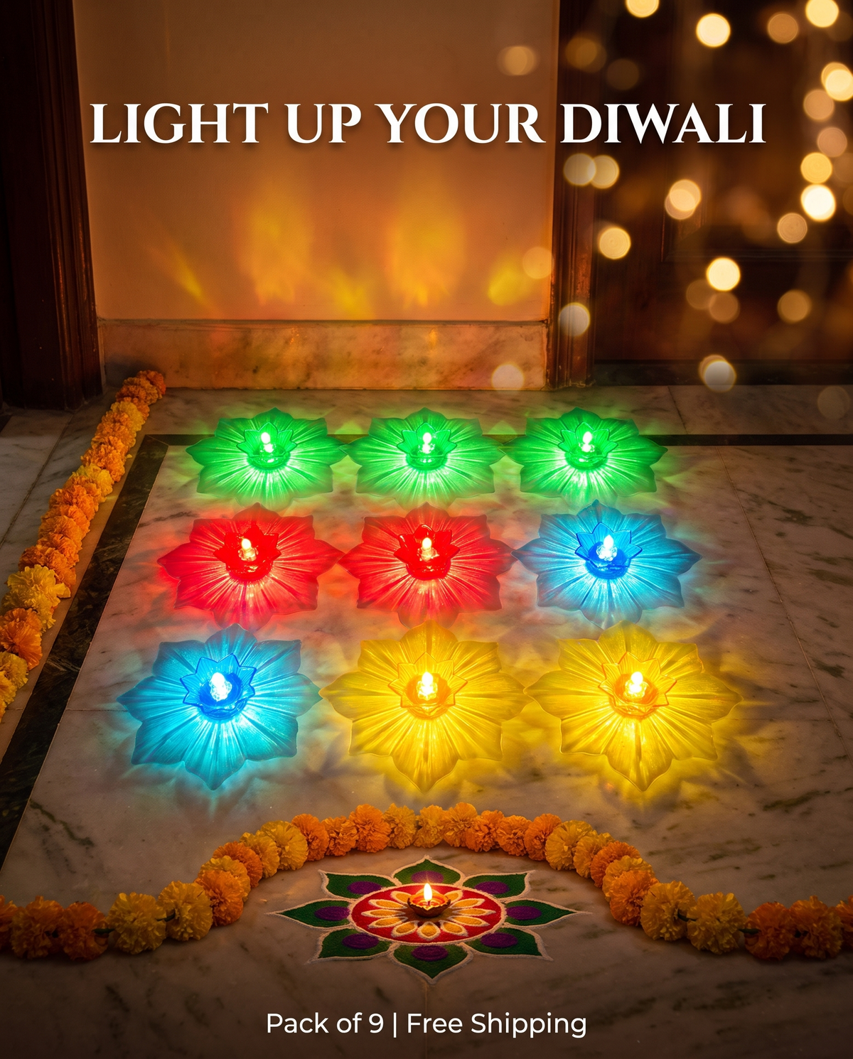 LED Reflection Flower Diyas, Pack of 9: Colourful Diwali Lights
